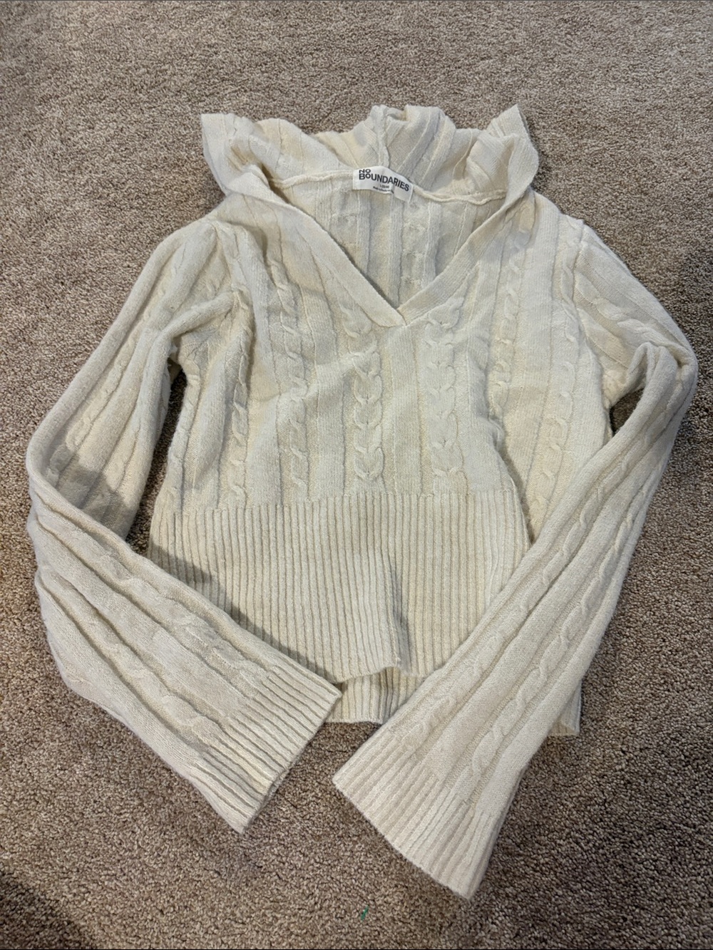 No Boundaries Cream Cable V-Neck Sweater with Ruffle Collar